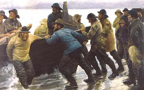 Michael Ancher Fishermen setting a rowing boat ashore oil painting image